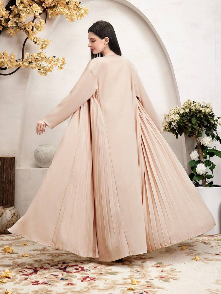 Women's Patchwork Woven Belt Drop Shoulder Long Sleeve Arabian Abaya, Muslim Fashion Abaya For Casual/Festival/Gathering/Travel