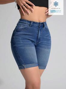 SHEIN Essnce Women's Pocket Skinny Casual Versatile Denim Shorts - Medium Wash - View 5