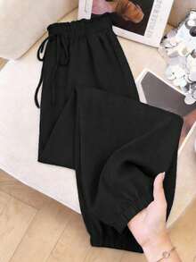 SHEIN Frenchy Summer Vacation Women's Tropical Print Knot Front High Waisted Long Pants - Black - View 7