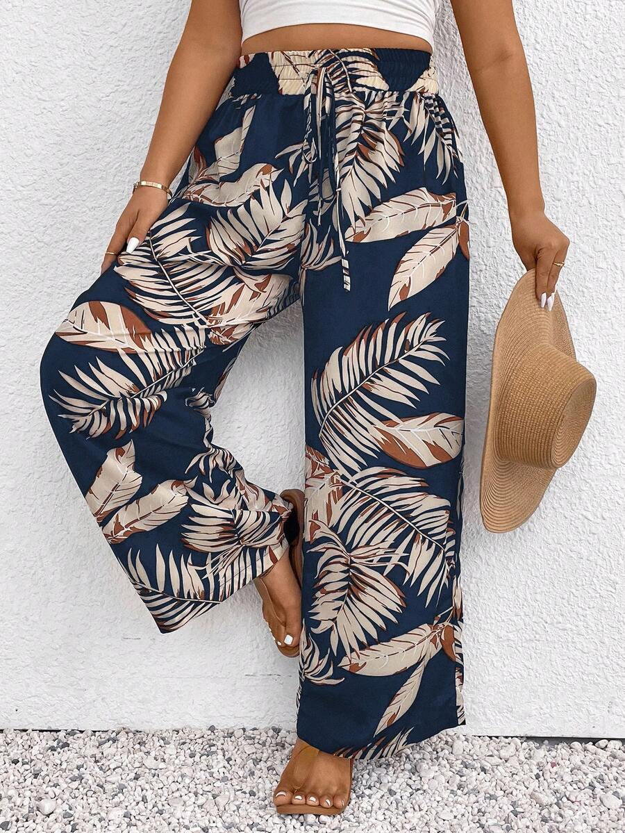 SHEIN Frenchy Plus Size Women's Printed Drawstring Waist Wide Leg Pants - Multicolor - View 1