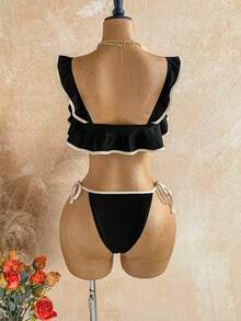 Soleia Contrast Color Trim Square Neck Ruffle Trim Bikini Set - Black - View 2