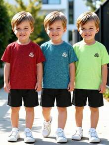 SHEIN 3pcs Kids Summer Casual Sports Style Geometric Pattern Round Neck Short Sleeve Top & Shorts 2-Piece Set, Suitable For Outdoor Sports, Indoor Leisure - Multicolor - View 2