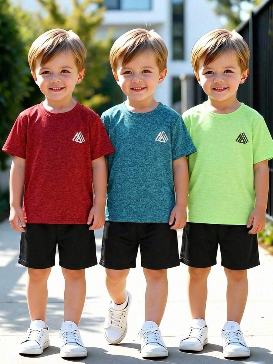 SHEIN 3pcs Kids Summer Casual Sports Style Geometric Pattern Round Neck Short Sleeve Top & Shorts 2-Piece Set, Suitable For Outdoor Sports, Indoor Leisure