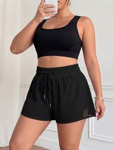 Rhythm Era Plus Size Women Sports Yoga Outdoor Gym Shorts, Mesh Patchwork Waistband With Drawstring - Black - View 8