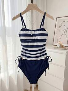 Resyla 2pcs/Set Women's Navy Striped Print Tankini Top And Triangle Bottoms Swimsuit, Beach Vacation Summer - Blue and White - View 1