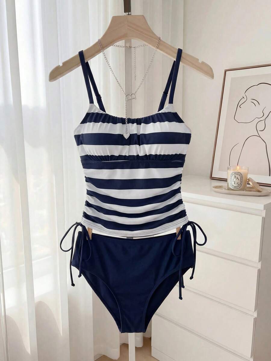 Resyla 2pcs/Set Women's Navy Striped Print Tankini Top And Triangle Bottoms Swimsuit, Beach Vacation Summer - Blue and White - View 1