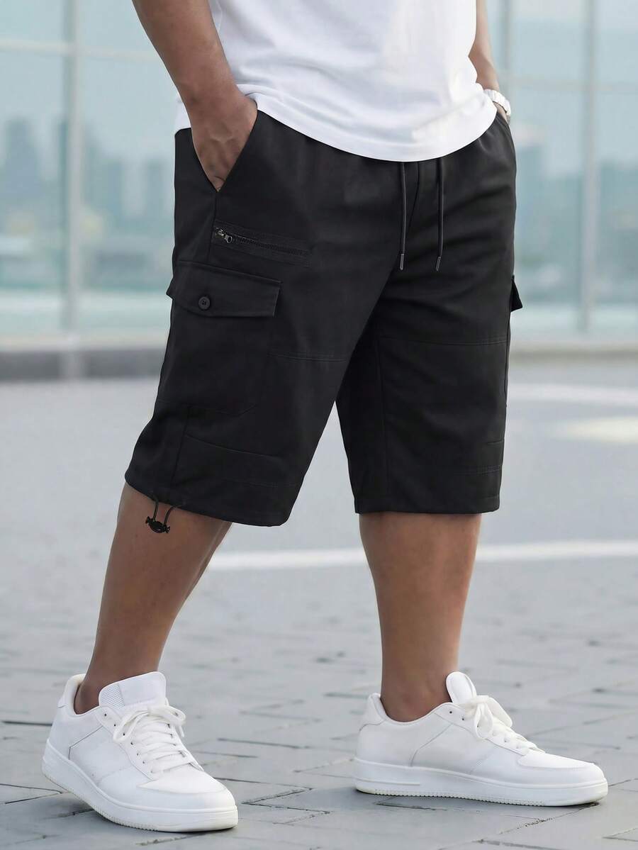 Manfinity Homme 大码男士休闲时尚街头风日常通勤纯色翻盖口袋工装短裤,夏季男士休闲短裤街头风男士短裤男士抽绳短裤 - 黑色 - 查看 1