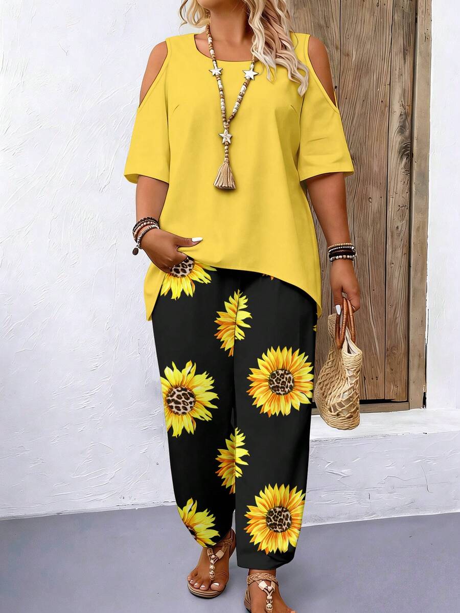 EMERY ROSE 2pcs Plus Size Off Shoulder Short Sleeve Top And Casual Loose Comfortable Pants Set, Plus Size Printed Set, Plus Size 2pcs Set - Multicolor - View 1