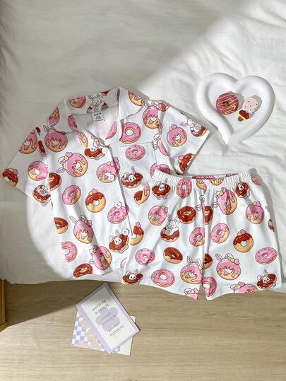 SHEIN Baby Girls' Apricot Cute Sweet Donut Print Short Sleeve Cardigan Top And Shorts 2pcs Comfy Pajama Set