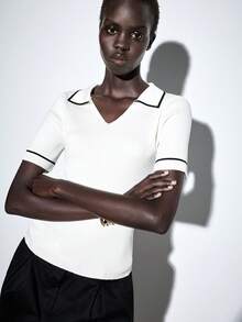 Lumivelle Elegant Classy V-Neck Contrast Trim Knit Top Back-To-School Office Black And White Summer - Beige - View 3
