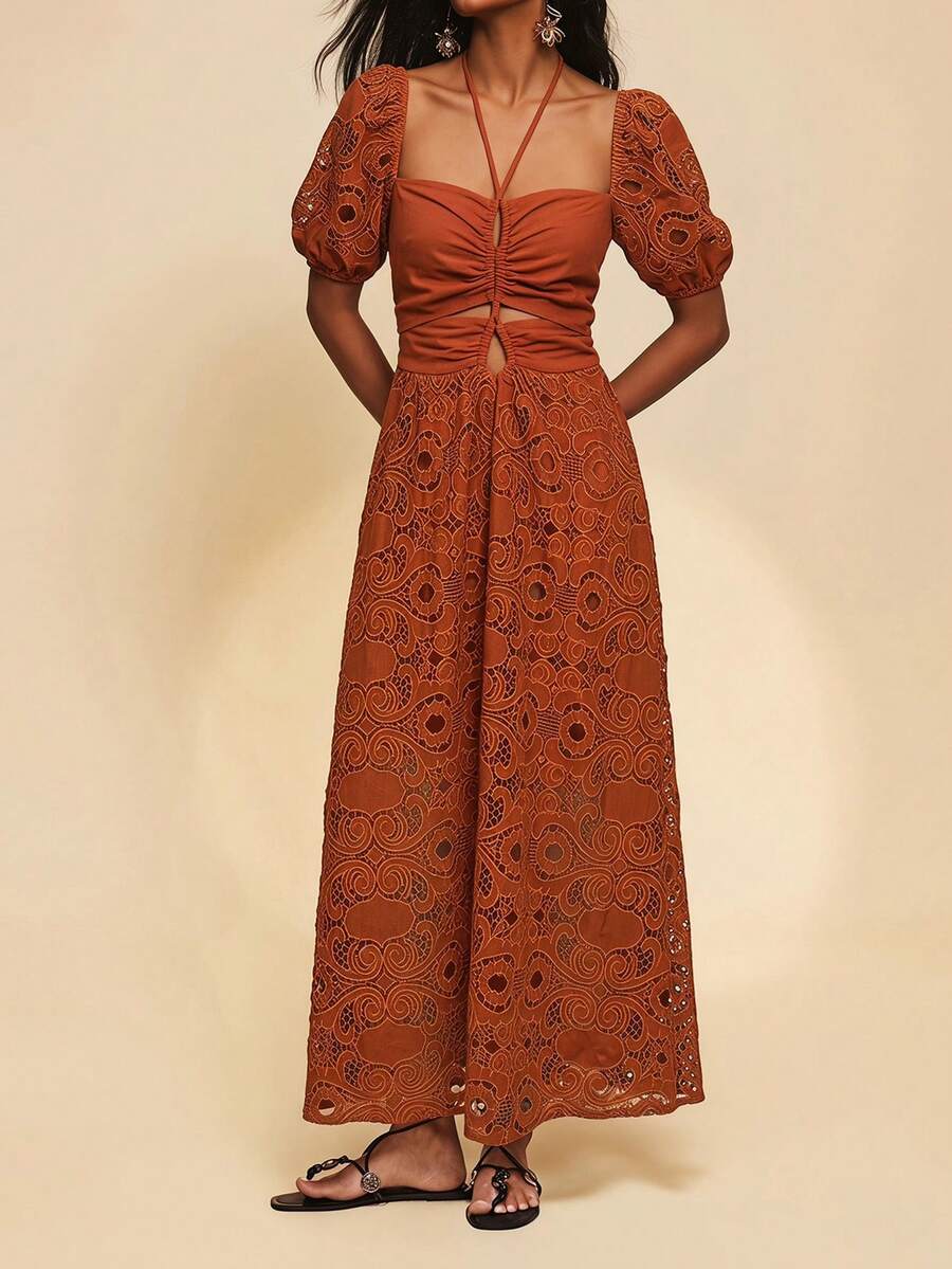 Travachic Elegant Romantic Holiday Women's Embroidered Long Dress - Rust Brown - View 1