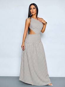 SOLERSUN Abito lungo da donna in stile casual da vacanza in lino a righe con spalle scoperte e dettagli traforati, estetica vintage - Albicocca - Visualizzare 7