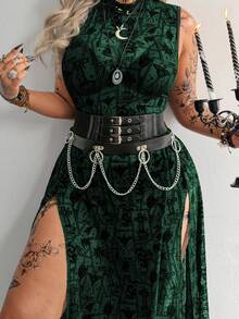 Whyspr Dark Asymmetrical Pattern Dress With High Slit And Sheer Details - Dark Green - View 5