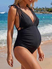 SHEIN Pregnant Women's Vacation Beach Tie-Up Mesh Patchwork Ruffle One-Piece Swimsuit Summer - Black - View 5