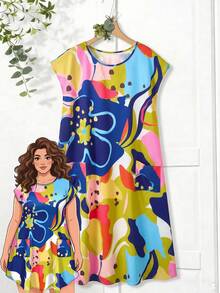 Rusticease Vestido de cuello redondo con estampado colorido de talla grande - Multicolor - Ver 1