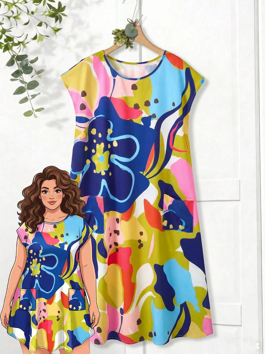 Rusticease Vestido de cuello redondo con estampado colorido de talla grande - Multicolor - Ver 1