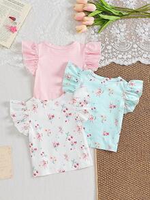 SHEIN Kaos Anak Perempuan Motif Garis Ungu Lembut, Pola Pita 3D, Leher Bulat, Lengan Pendek, Kasual, Sederhana, Serbaguna, 1 buah, Cocok untuk Pemakaian Sehari-hari Musim Semi/Panas. - MultiWarna - View 6