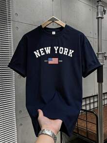 SHEIN Teen Boy Teen Boy Casual Minimalist Round Neck Short Sleeve T-Shirt, Suitable For Summer - Royal Blue - View 6