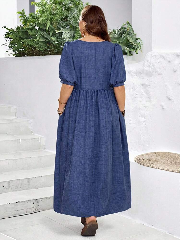 Plus Size Women's Summer Casual Vacation Country Round Neck Mid-Sleeve Short Sleeve Long Solid Color Blue Long Dress, Suitable For Summer Vacation,Casual Holiday Style,Summer Outfits For Women ,Vacation Outfits Women ,Holiday Outfits For Women,Going Out Outfits, New Clothes,Simple And Fashionable For Everyday Wear,Suitable For Summer, Vacation, Daily Wear, Festival Outfits For Women,Country Concert Outfit,Beach Outfits For Women,Western Style,Flowy Dress,Gifts For Mother,Faux Denim Blue Boho Dress