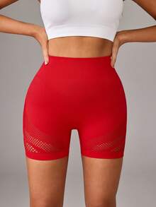 Dewbera 1 chiếc quần short tập luyện cơ bản màu đen, thiết kế lưới thoáng khí, không đường may, thích hợp cho tập thể dục/yoga. - Đỏ - Xem 3