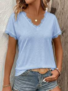 EMERY ROSE Women's Spring/Summer New Lace Trim V-Neck Short Sleeve T-Shirt - Blue - View 5