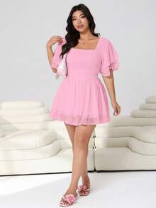 Solflare Plus Size Women Solid Color Square Neck Raglan Sleeve Casual Jumpsuit - Pink - View 6