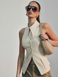 Hauture Women's Sexy Casual Office Collared Sleeveless Blazer Vest Shirt Top, Old Money, Sophisticated Top, Work, Brunch, Baby Showers, Dates, Wedding - Apricot - View 1