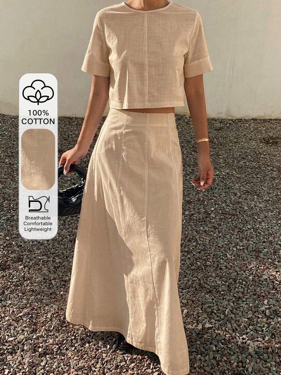 Livesso 春夏短版套頭上衣 & A字裙套裝,情人節婚禮休閒度假海灘風,優雅通勤女款兩件式套裝 - 杏色 - 查看 1