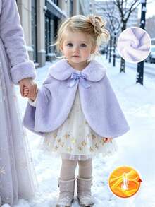 SHEIN Elladie kids 女嬰秋冬新款白色毛絨保暖內裡休閒優雅夾克，適合日常穿著 - 淡紫色 - 查看 3