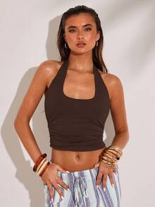 SHEIN BAE Women's Fashion Sexy Solid Color Halter Backless Camisole - Coffee Brown - View 5