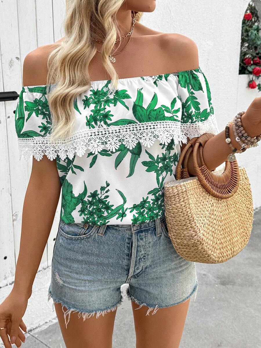 SHEIN Holidaya Women's Off Shoulder Floral Print Lace Patchwork Blouse (Asymmetric Print) - Green - View 1