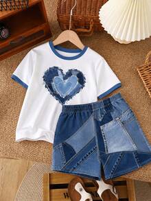 Setelan 2pcs untuk Anak Perempuan Remaja, Atasan Lengan Pendek dan Celana Pendek Motif Hati Kasual, Cocok untuk Musim Panas, Denim dengan Desain Hati, Celana Jeans Patchwork Biru - MultiWarna - View 2