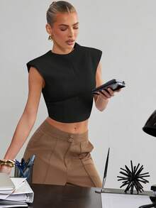 Hauture Women's Old Money Business Office Stand Collar Backless Sleeveless Top Gold Metal Closure - Black - View 2