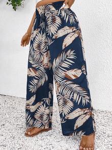 SHEIN Frenchy Plus Size Women's Printed Drawstring Waist Wide Leg Pants - Multicolor - View 4
