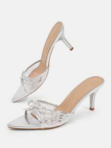 CUCCOO TILAWA Women's Fashion Light Silver Rhinestones, Satin Pointed High-Heeled Sandals, Commuting, Parties, Vacations, Spring And Summer Stiletto Slippers - Light silver. - View 6