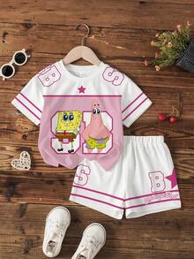 SpongeBob SquarePants | SHEIN 女童卡通撞色条纹印花圆领短袖T恤和短裤套装 - 白色 - 查看 1