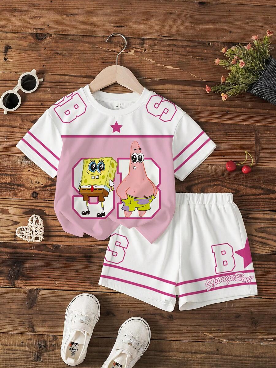 SpongeBob SquarePants | SHEIN 女童卡通撞色条纹印花圆领短袖T恤和短裤套装 - 白色 - 查看 1