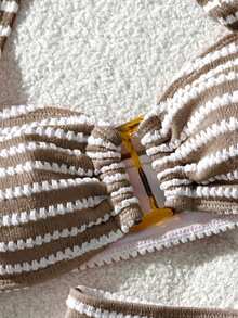 Swim Mod Conjunto de traje de baño halter a rayas rosas lindo para mujer - Marrón - Ver 6