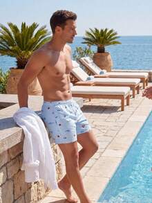 Manfinity Swimmode Baby Blue Men's Short Beach Shorts With Drawstring Graphic Print For Vacation Casual Wear, Holiday - Baby Blue - View 6