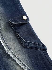 ROMWE Women's Pocketed Button Fly Casual Y2k Flare Jeans, Versatile For Daily Wear Holiday Evening Night Out Navy Blue Summer - Blue - View 4