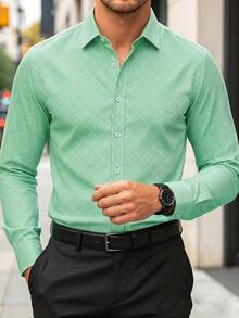 Manfinity Mode Men's Green Autumn Casual Business Work Shirt, Stand-Up Collar Button Long Sleeve Formal Shirt For Daily Wear, Wedding, Party, Gift For Him, Ceremony - Cadet Blue - View 3