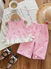 SHEIN LMoss Kids 女宝宝夏季可爱红白格子荷叶边无袖上衣和松紧腰宽松裤套装 - 彩色 - 查看 3