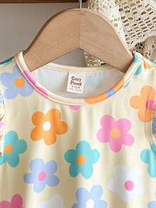 Cozy Pixies Baby Girls Pale Yellow Floral Print Knit Dress,Cute Summer Vacation Holiday Cap Sleeve Casual Elastic Dress,Bohemian Party Style,Spring Trip Outfit - Multicolor - View 8