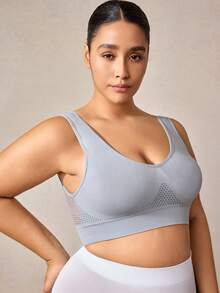 Veilyse 1pc Plus Size Women Breathable Mesh Hollow Out Wirefree Bra, Comfortable Lingerie - Grey - View 6