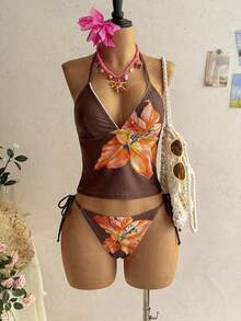 Soleia Women's Floral Print Halter Neck Bikini Set - Coffee Brown - View 1