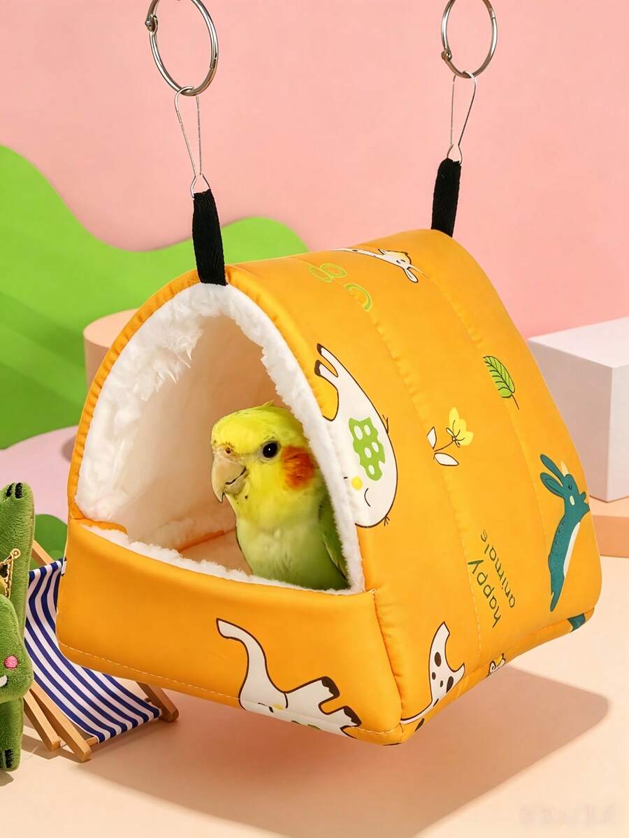 1 件卡通印花保暖羊毛三角形睡窝适用于鹦鹉仓鼠龙猫松鼠秋冬宠物床 - 黃色 - 查看 1