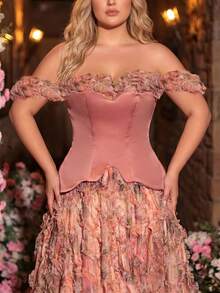 Glamrae Plus Size Dusty Pink Summer Elegant Formal Wedding Mesh Floral Print Patchwork Satin Asymmetric Maxi Dress,High Slit Gala Red Carpet Gown - Multicolor - View 3