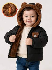 SHEIN Playful Pals 1 chiếc áo khoác hoodie chần bông dày lông cừu cho bé trai unisex màu đen mùa đông, thêu gấu dễ thương, tai 3D, khóa kéo - màu đen - Xem 2