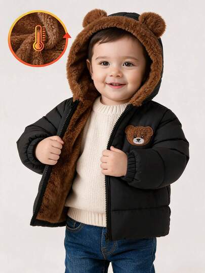 SHEIN Playful Pals 1pc BabyBoy Unisex Black Winter Cute Bear Embroidered 3D Ear Hoodie Zip-Up Quilted Thick Fleece Padd