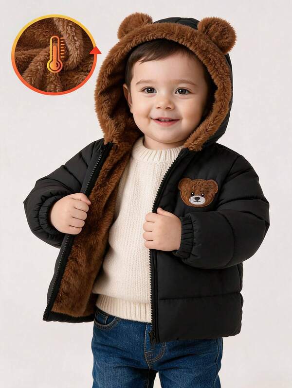 SHEIN Playful Pals 1pc BabyBoy Unisex Black Winter Cute Bear Embroidered 3D Ear Hoodie Zip-Up Quilted Thick Fleece Padd